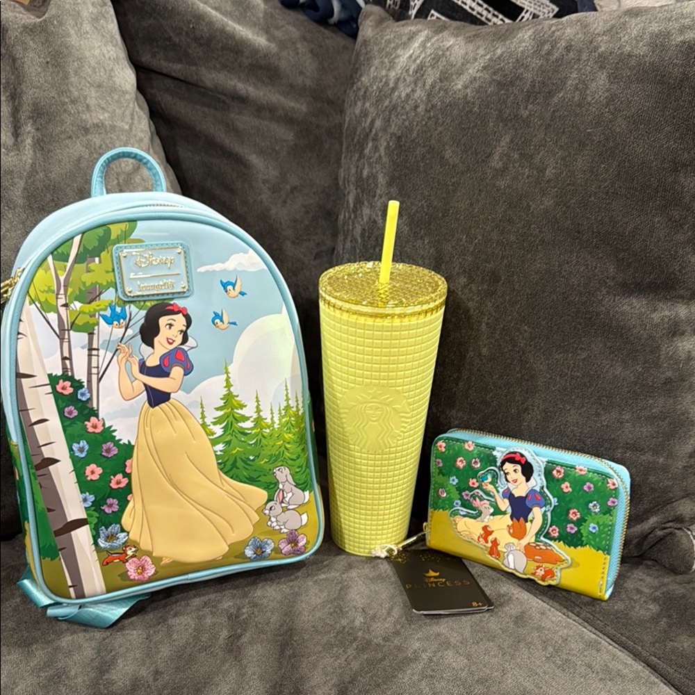 Loungefly Disney Snow White Backpack, Wallet, and Starbucks Tumbler matching Set